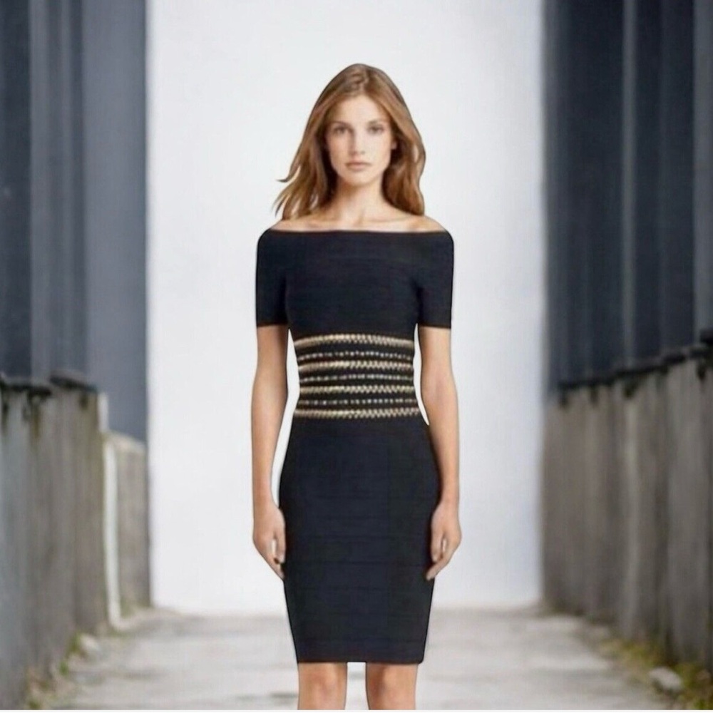 NWT  Herve Leger “Carmen” dress, Black w/Silver & Gold Studs, Size XS